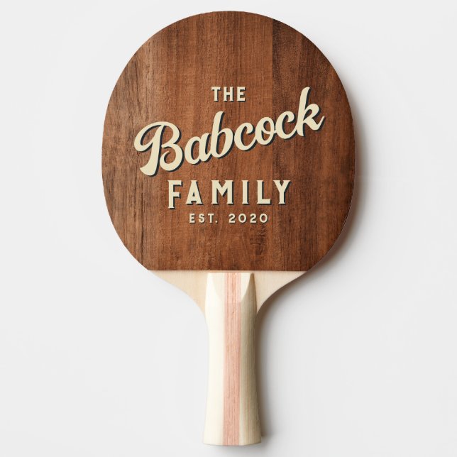 Rustic Walnut Wood Retro Family Name & Year Ping Pong Paddle (Front)