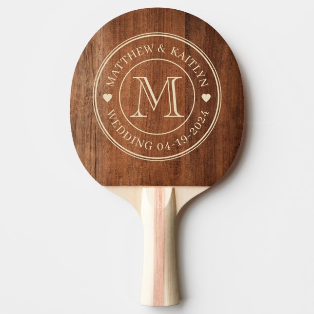 Rustic Walnut Wood Wedding Monogram Heart Ping Pong Paddle (Front)