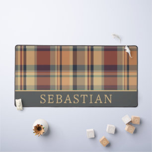 Rustic Warm Brown and Cream Plaid Personalised Desk Mat