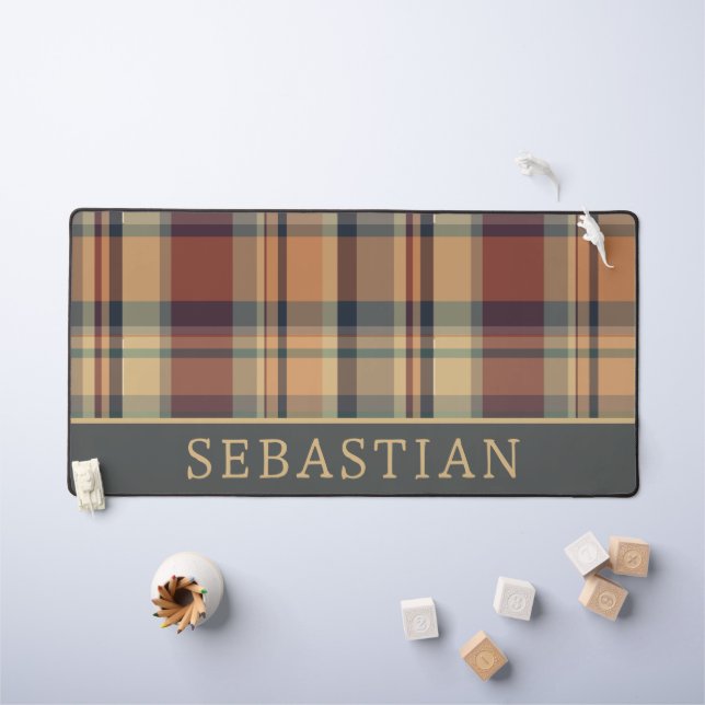 Rustic Warm Brown and Cream Plaid Personalised Desk Mat (Kids Table)
