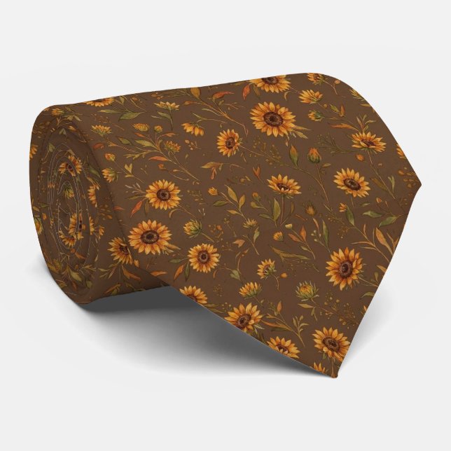 Rustic Warm Brown Sunflower Tie (Rolled)