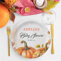 Rustic Warm Gold Orange Watercolor Autumn Pumpkin Paper Plate