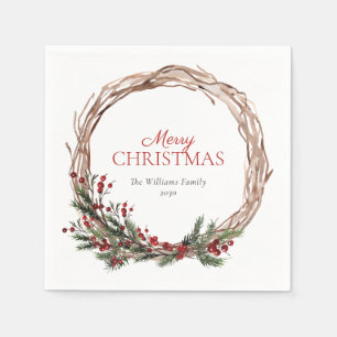 Rustic Warm Red Winter Wreath Merry Christmas Napkin