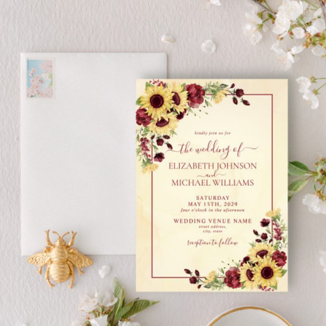 Rustic Warm Sunflower Burgundy Floral Wedding Invitation (Creator Uploaded)