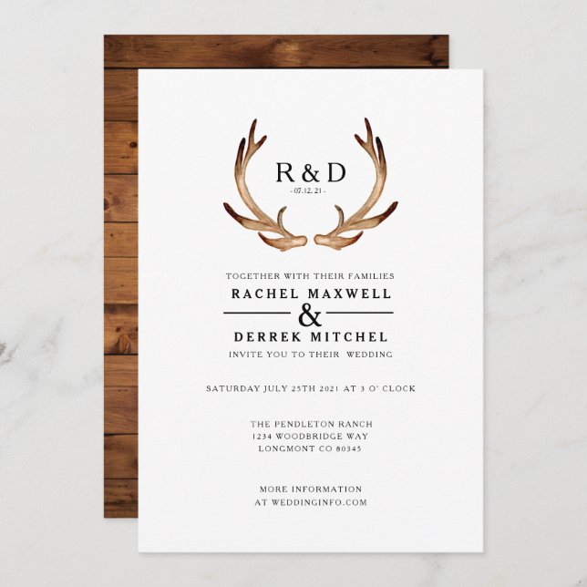 Rustic Watercolor Antler | Simple Wedding Invitation (Front/Back)