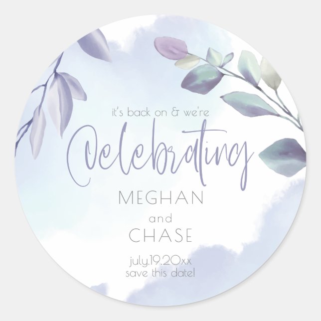Rustic Watercolor Aqua Lilac Leaves Classic Round Sticker (Front)