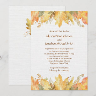 Rustic Watercolor Autumn Leaves Wedding Invitation