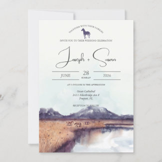Rustic Watercolor Autumn Mountain Lake Wedding Invitation