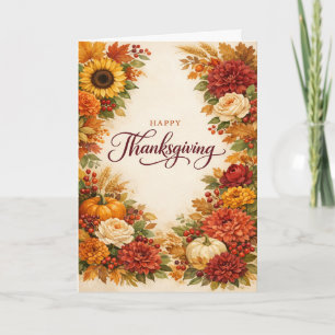 Rustic Watercolor Autumn Thanksgiving Floral Holiday Card