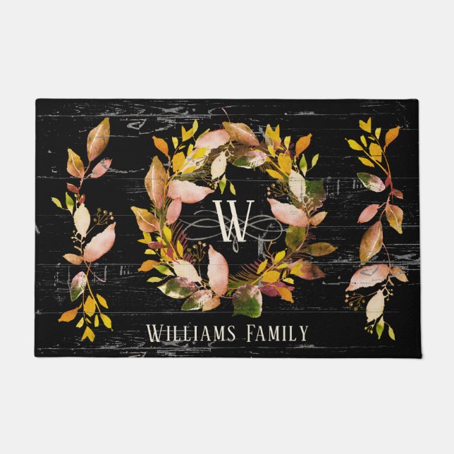 Rustic Watercolor Autumn Wreath Family Black Doormat (Front)