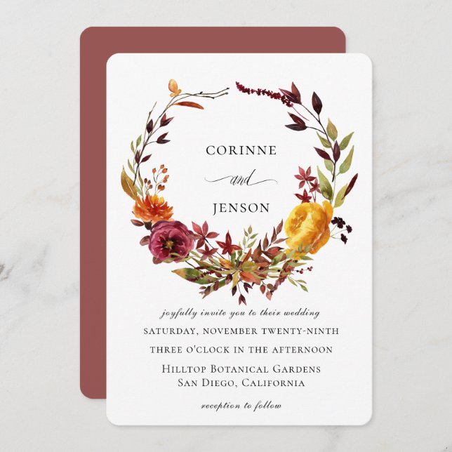 Rustic Watercolor Autumn Wreath Wedding Invitation (Front/Back)