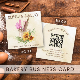 Rustic Watercolor Bakery Thank You Order Qr Code Square Business Card