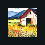 Rustic Watercolor Barn Flower Field Canvas Print<br><div class="desc">This design features a watercolor design with a rustic barn and flower field set against blue mountains. Created by Simply Farmhouse Press.</div>