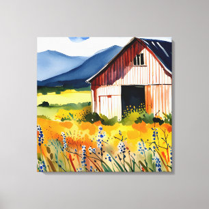 Rustic Watercolor Barn Flower Field Canvas Print