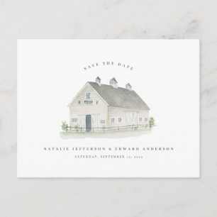 rustic watercolor barn wedding save the date postcard
