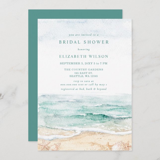 Rustic Watercolor Beach Bridal Shower Invitation (Front/Back)