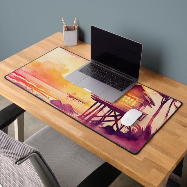 rustic watercolor beach sunset scene desk mat (Office 2)