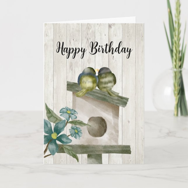 Rustic Watercolor Birdhouse Happy Birthday Thank You Card (Front)