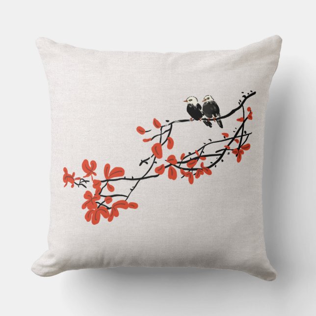Rustic Watercolor Birds on Tree Branch Red Leaves Cushion (Front)
