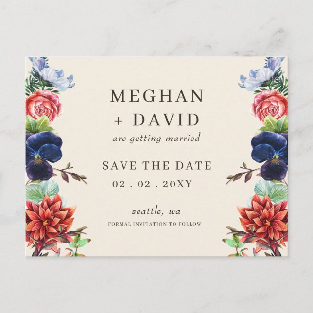 Rustic Watercolor Blooms Floral Wedding Announcement Postcard (Front)