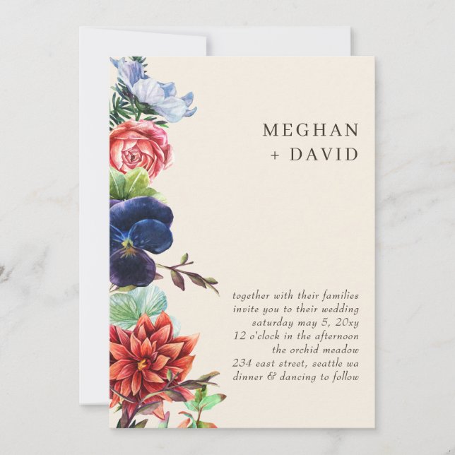 Rustic Watercolor Blooms Floral Wedding Invitation (Front)