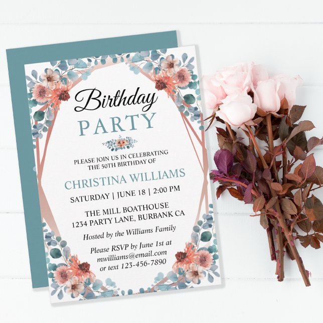 Rustic Watercolor Blue Floral 50th Birthday Party Invitation (Creator Uploaded)