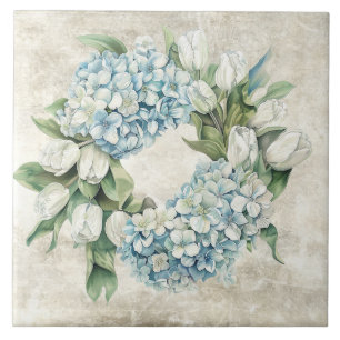 Rustic Watercolor Blue Hydrangea Tulips Wreath Tile