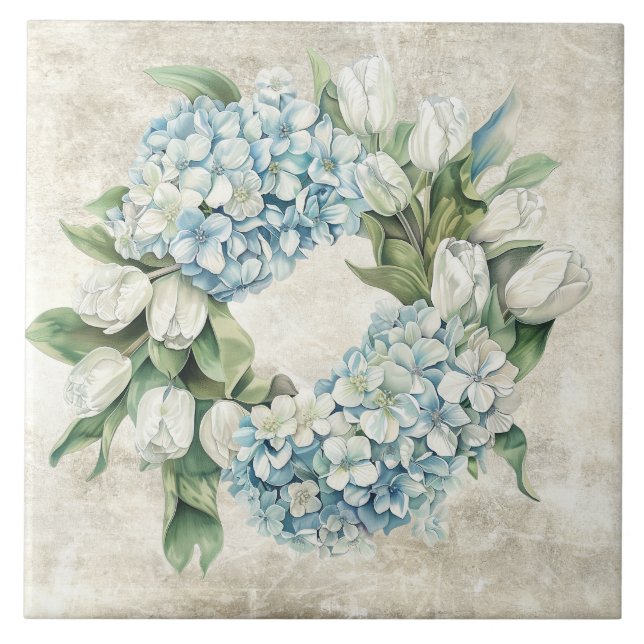 Rustic Watercolor Blue Hydrangea Tulips Wreath Tile (Front)