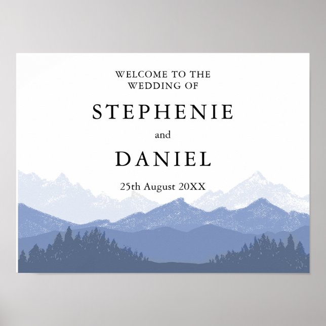 Rustic Watercolor Blue Mountain Wedding Welcome Poster (Front)