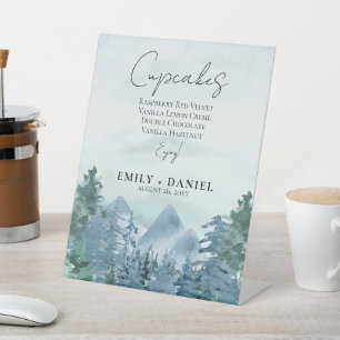 Rustic Watercolor Blue Mountains Wedding Cake Pedestal Sign