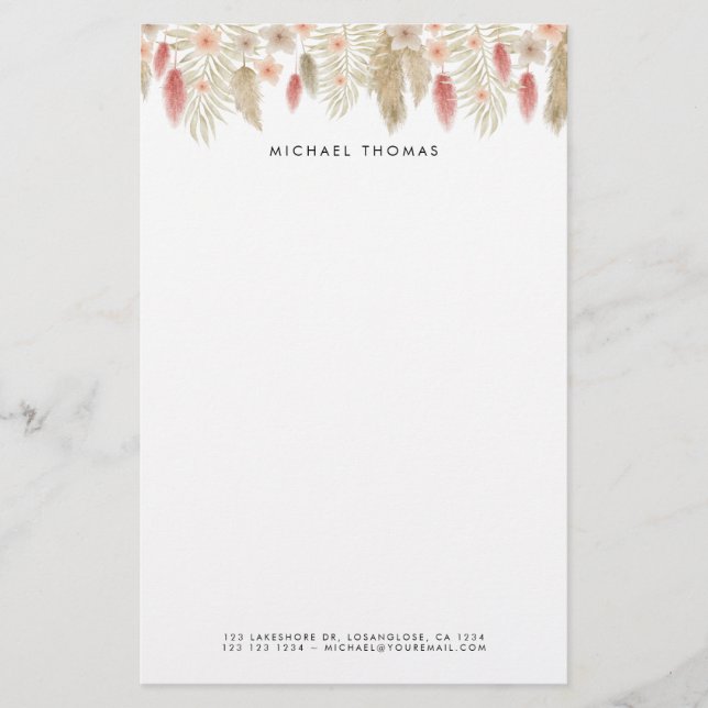 Rustic Watercolor Boho Floral Personalised  Stationery (Front)