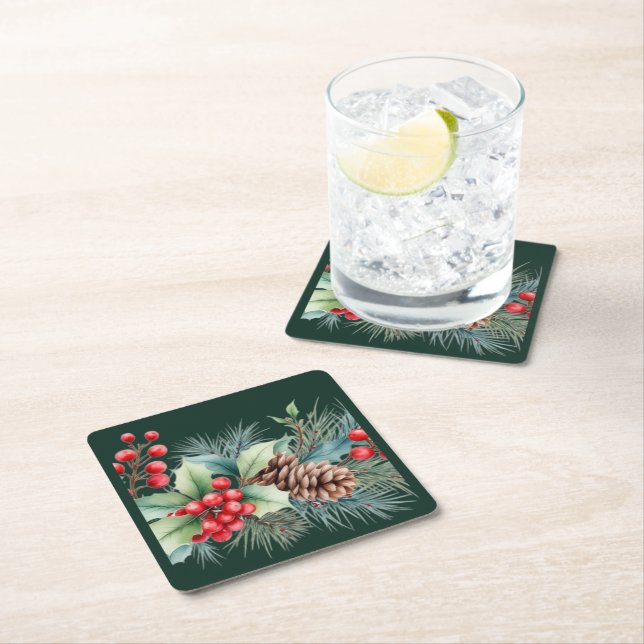 Rustic Watercolor Border Square Paper Coaster (Insitu)