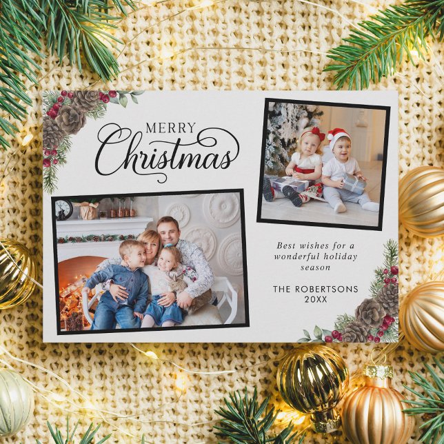 Rustic Watercolor Botanical Christmas 2 Photo Holiday Card (Creator Uploaded)