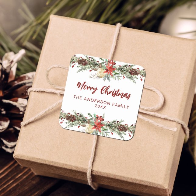 Rustic Watercolor Botanical Merry Christmas Square Sticker (Creator Uploaded)