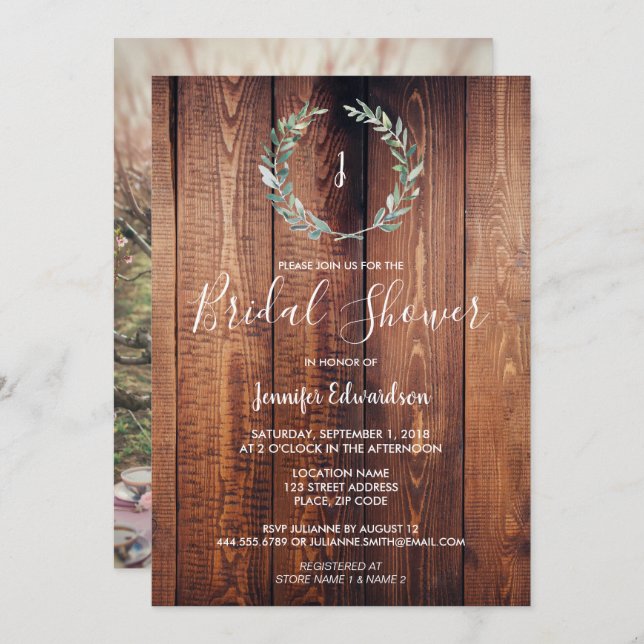 Rustic watercolor branch monogram Bridal Shower Invitation (Front/Back)