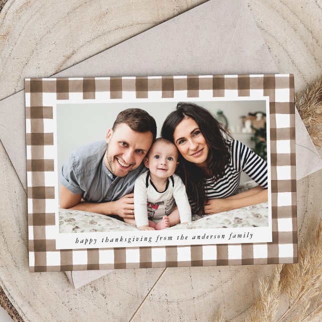Rustic Watercolor Brown Plaid Photo Thanksgiving Holiday Card (Creator Uploaded)