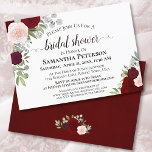Rustic Watercolor Burgundy Floral Bridal Shower Invitation<br><div class="desc">This beautiful bridal shower invitation features a watercolor floral design with roses in shades of burgundy, red, and blush pink with elegant lacy script calligraphy. the back is a deep marbled burgundy colour, with a beautiful bouquet tied with a white satin bow. It has information on the shower as well...</div>