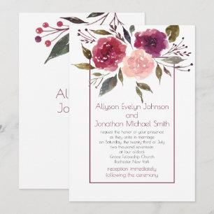 Rustic Watercolor Burgundy Pink Floral Wedding Invitation
