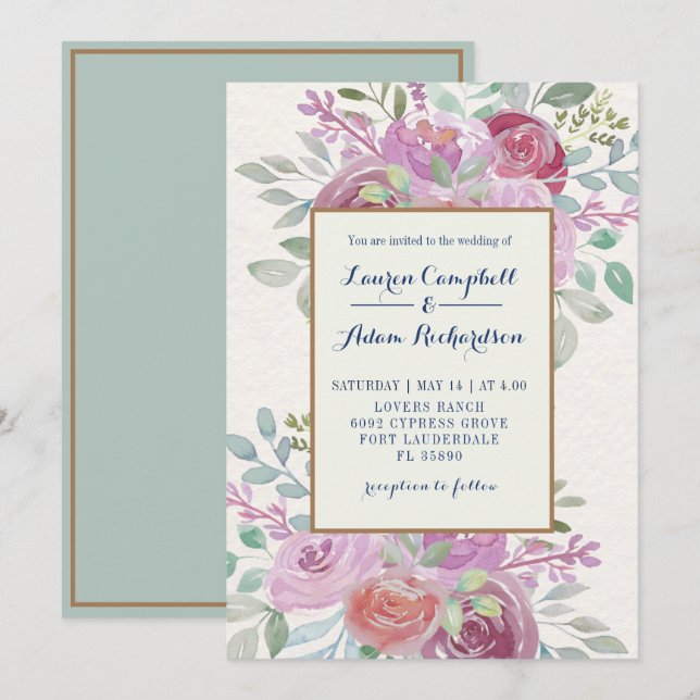 Rustic Watercolor Burgundy &  Pink Rose Wedding Invitation (Front/Back)