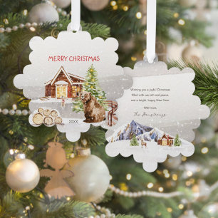 Rustic Watercolor Cabin Bear Keepsake Christmas Tree Decoration Card