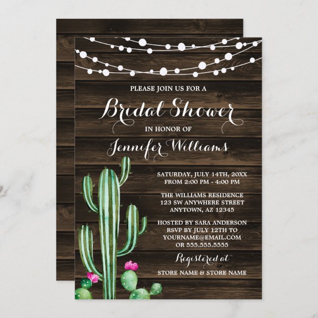 Rustic Watercolor Cactus Barn Wood Bridal Shower Invitation (Front/Back)