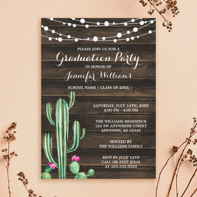 Rustic Watercolor Cactus Barn Wood Graduation Invitation (Creator Uploaded)