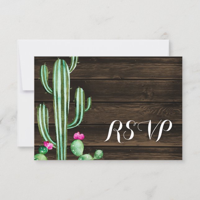 Rustic Watercolor Cactus Barn Wood RSVP Card (Front)