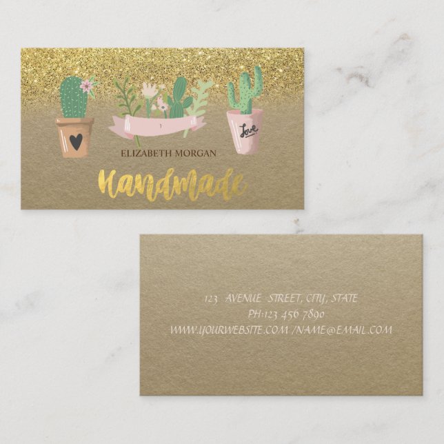 Rustic Watercolor Cactus Flower Gold Glitter Business Card (Front/Back)