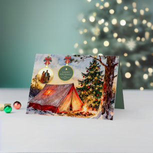 Rustic Watercolor Camping Christmas Ornament Photo Foil Holiday Card
