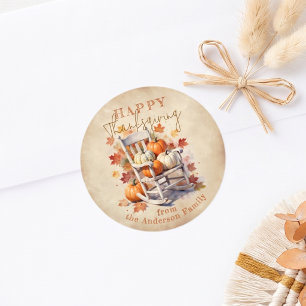 Rustic Watercolor Chair and Pumpkins Thanksgiving Classic Round Sticker