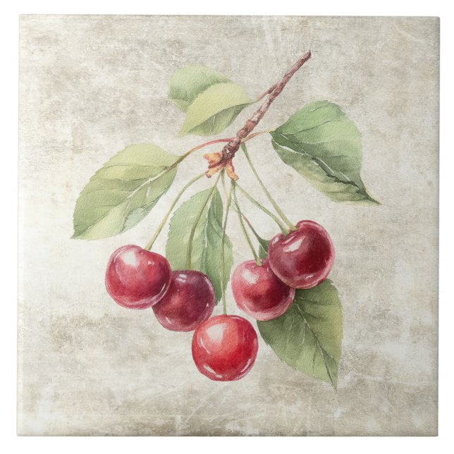 Rustic Watercolor Cherries  Tile (Front)