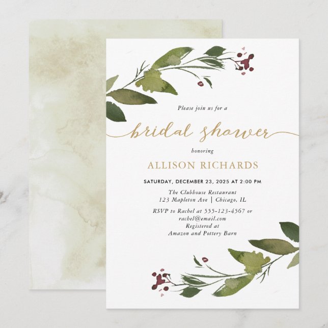 Rustic Watercolor Christmas Foliage Bridal Shower Invitation (Front/Back)