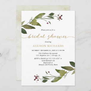 Rustic Watercolor Christmas Foliage Bridal Shower Invitation
