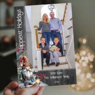 Rustic Watercolor Christmas Gnome - Grey Photo Holiday Card